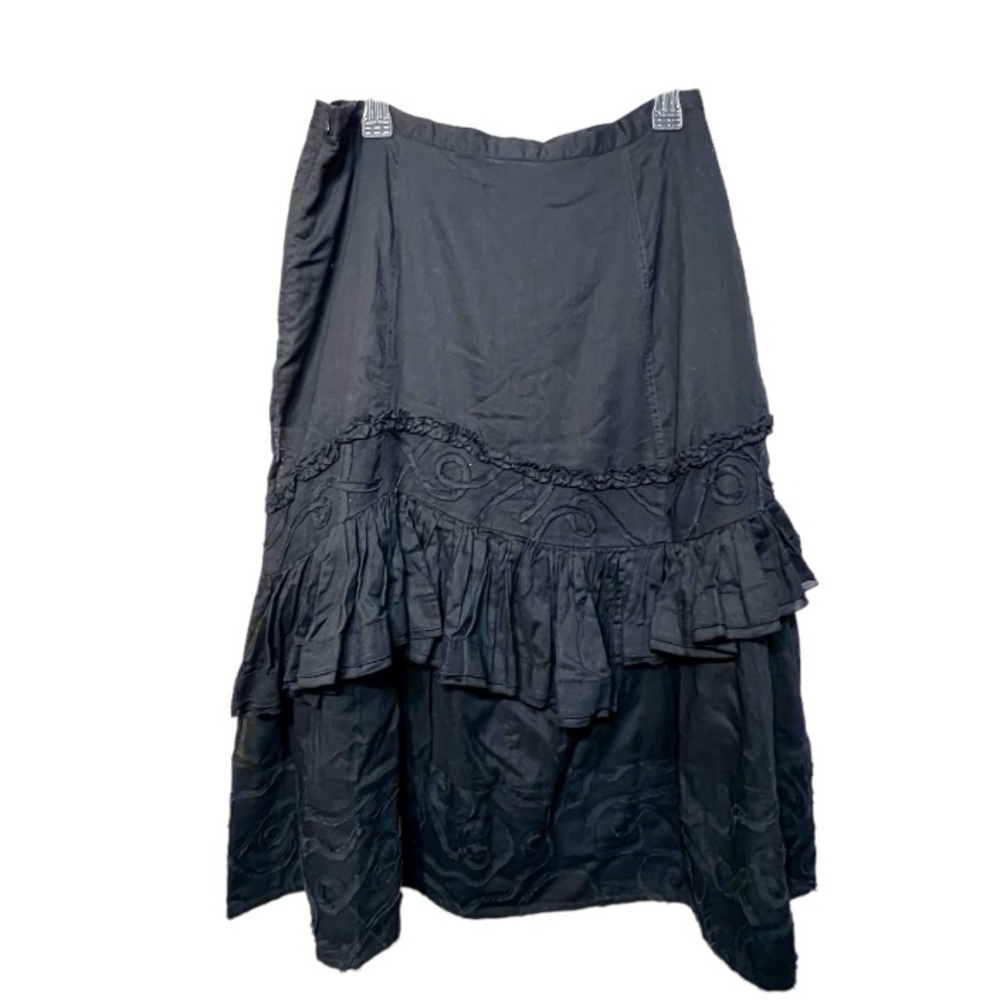 Animale by Jacques Ruc Black Full Midi Skirt Lagenlook Tiered Ruffle Embroidery - Picture 2 of 10
